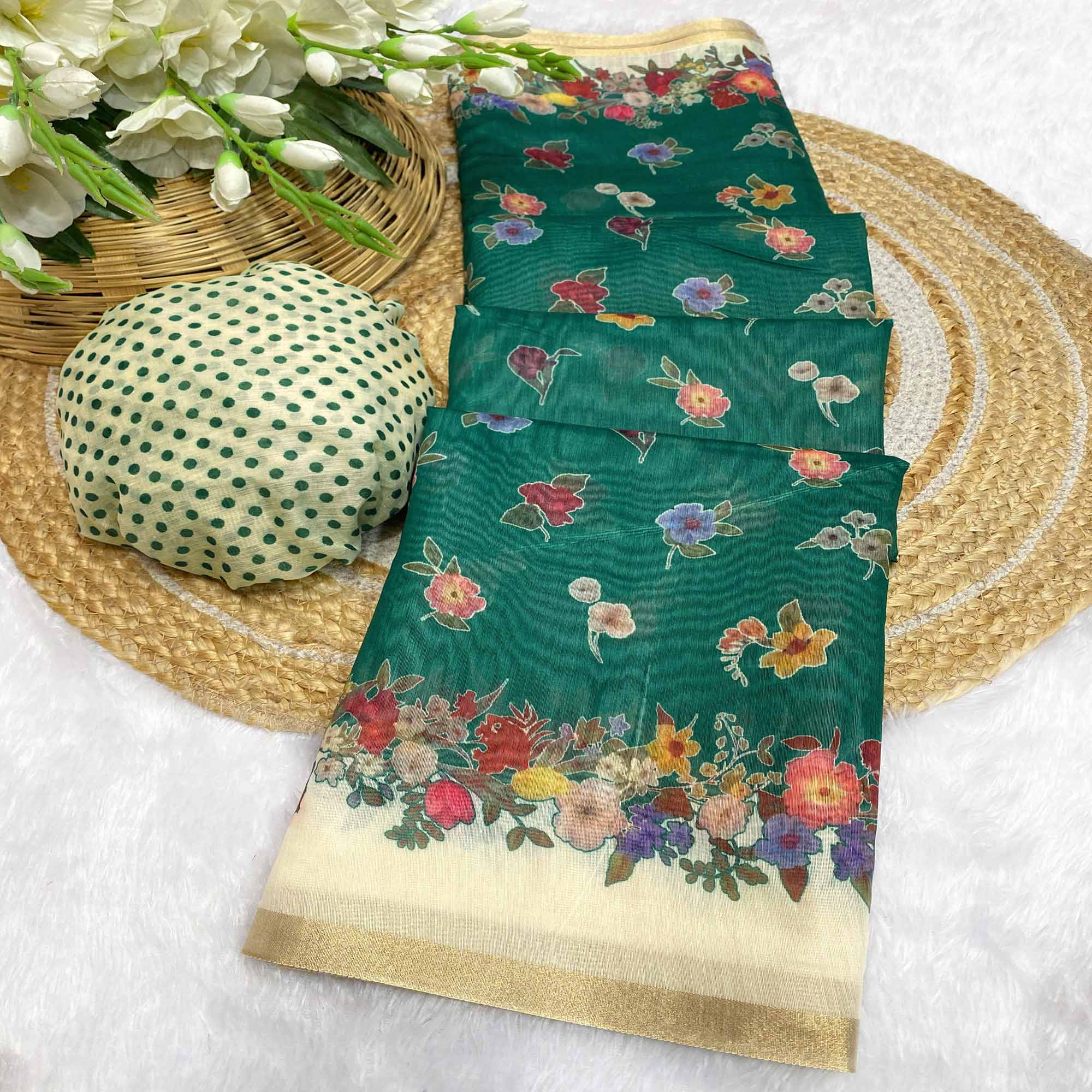 Green Floral Digital Print Chanderi Cotton Saree Enhanced With Charming Zari Weaving Border