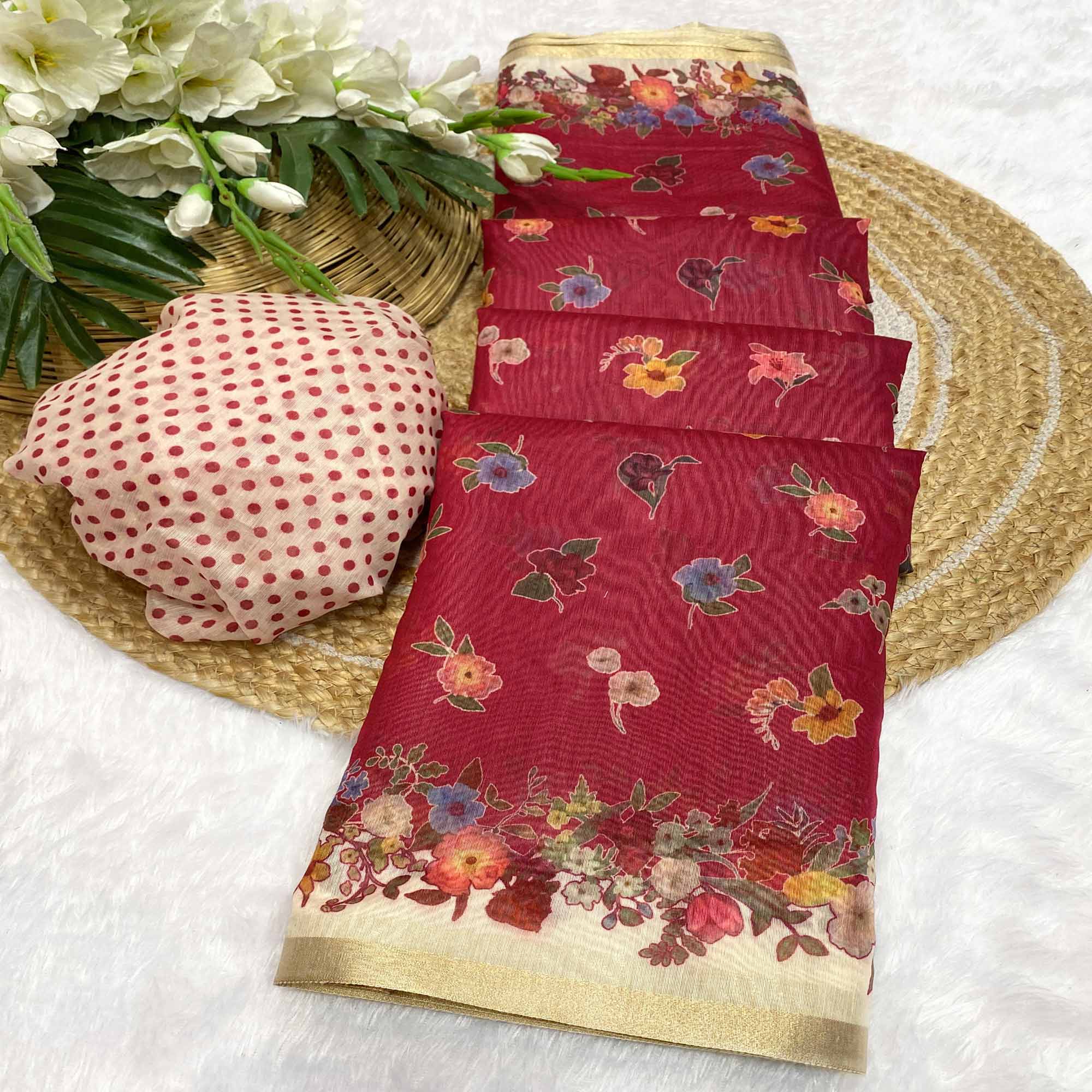 Pink Floral Digital Print Chanderi Cotton Saree Enhanced With Charming Zari Weaving Border