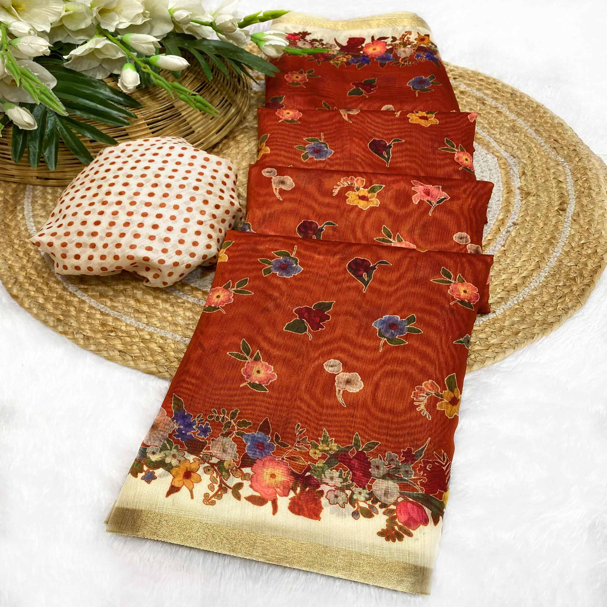 Rust Floral Digital Print Chanderi Cotton Saree Enhanced With Charming Zari Weaving Border