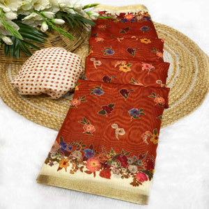 Rust Floral Digital Print Chanderi Cotton Saree Enhanced With Charming Zari Weaving Border
