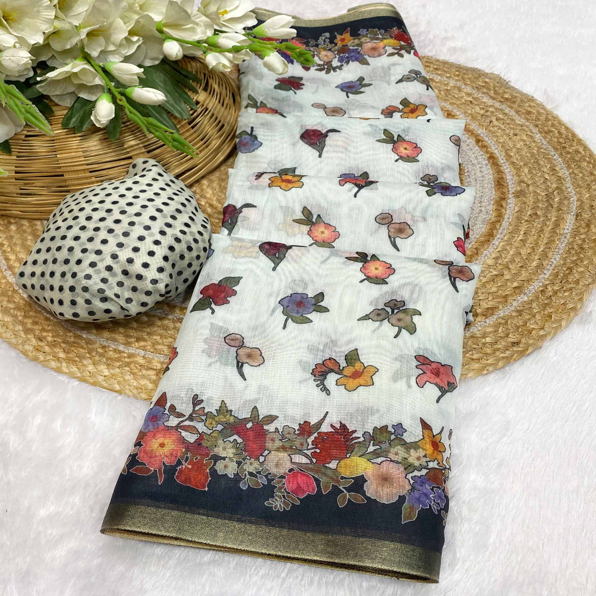 White Floral Digital Print Chanderi Cotton Saree Enhanced With Charming Zari Weaving Border