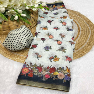 White Floral Digital Print Chanderi Cotton Saree Enhanced With Charming Zari Weaving Border