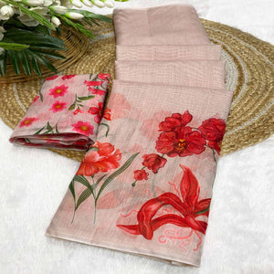 Baby Pink Chanderi Cotton Saree Featuring Digital Floral Prints & Decorative Tassel Pallu