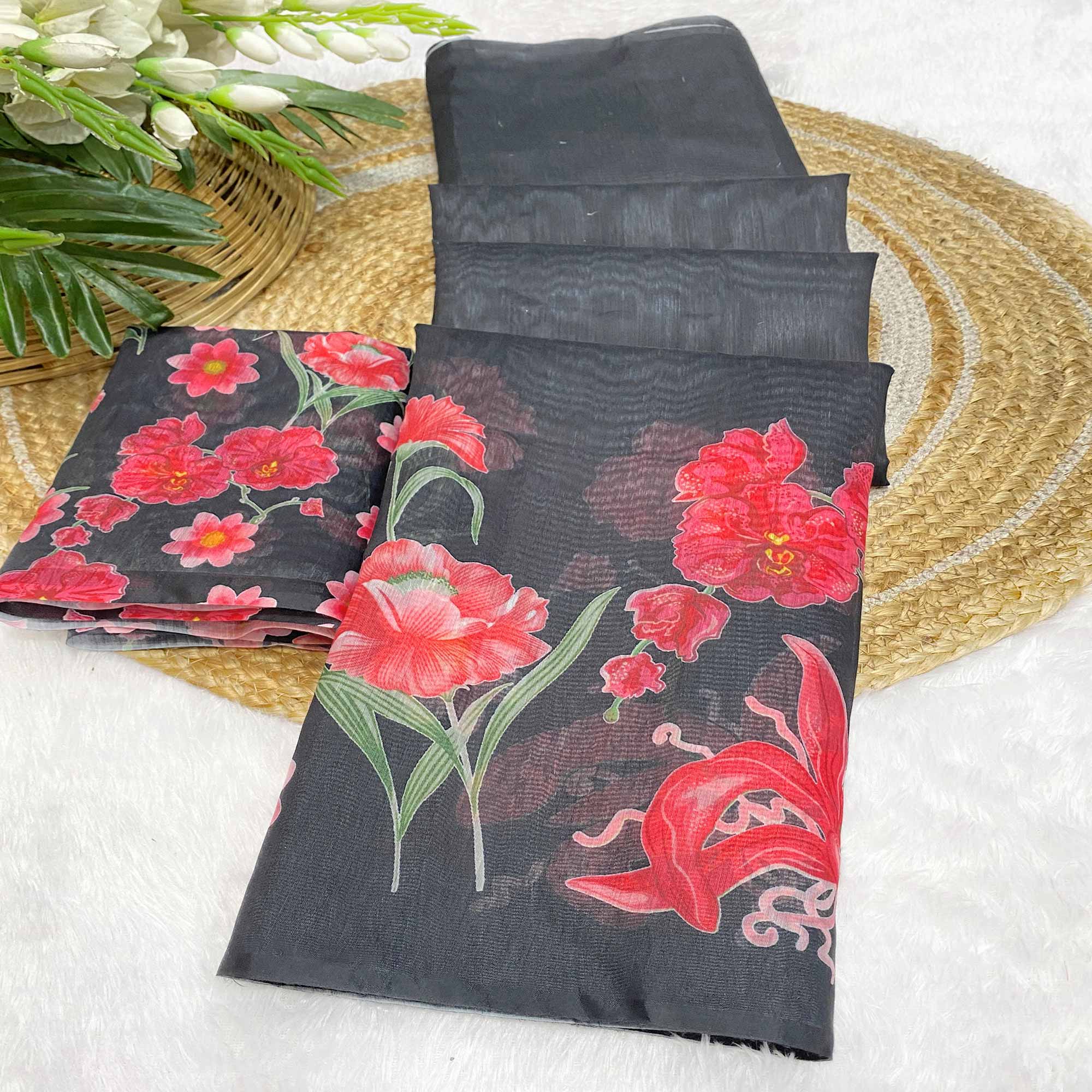 Black Chanderi Cotton Saree Featuring Digital Floral Prints & Decorative Tassel Pallu