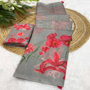 Grey Chanderi Cotton Saree Featuring Digital Floral Prints & Decorative Tassel Pallu