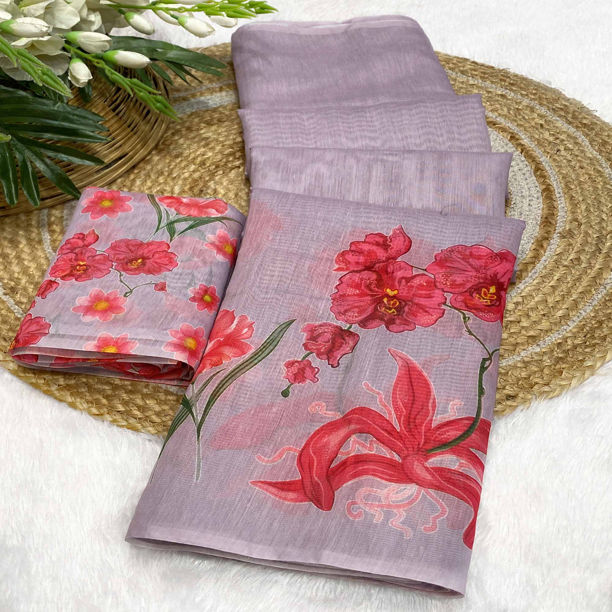 Lavender Chanderi Cotton Saree Featuring Digital Floral Prints & Decorative Tassel Pallu