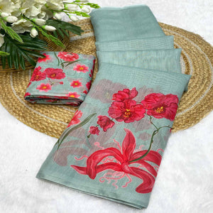 Sea Green Chanderi Cotton Saree Featuring Digital Floral Prints & Decorative Tassel Pallu