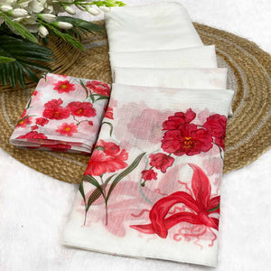 White Chanderi Cotton Saree Featuring Digital Floral Prints & Decorative Tassel Pallu