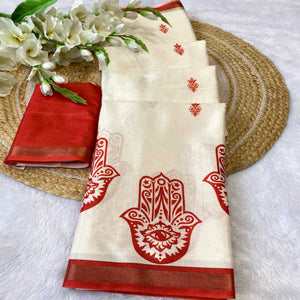 Graceful Offwhite & Red Durga Maa Digital Printed Saree With Sacred Motifs & Contrast Border
