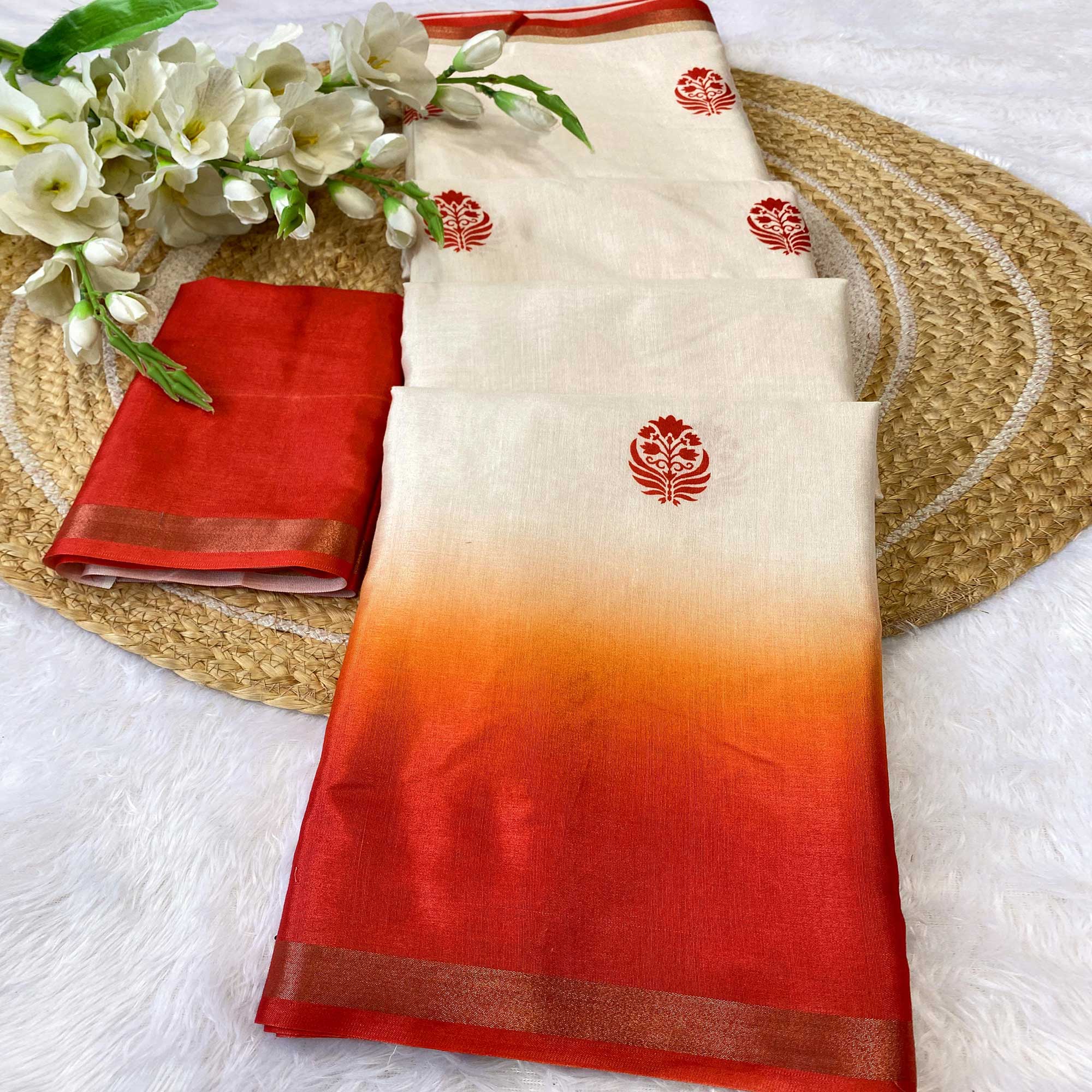 Majestic Offwhite & Red Durga Maa Digital Printed Saree With Sacred Motifs & Contrast Border