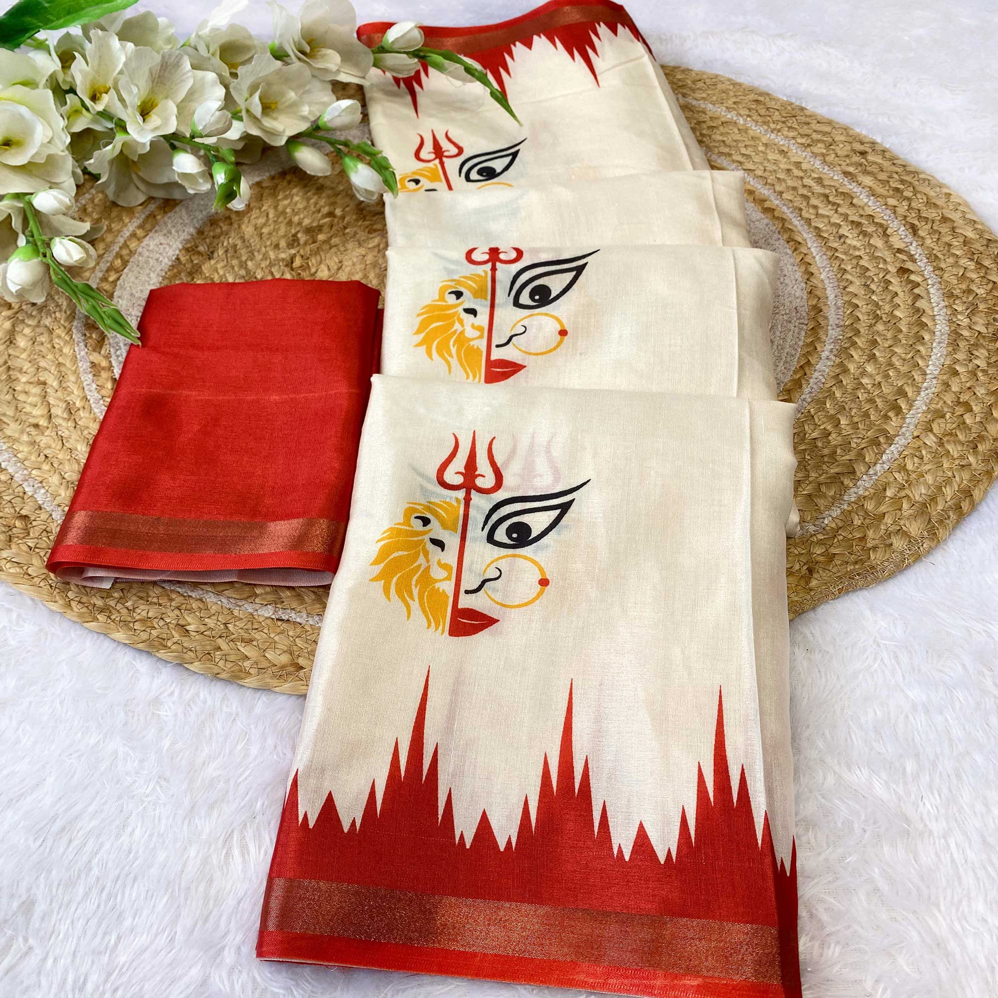 Exquisite Offwhite & Red Durga Maa Digital Printed Saree With Sacred Motifs & Contrast Border