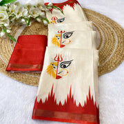 Exquisite Offwhite & Red Durga Maa Digital Printed Saree With Sacred Motifs & Contrast Border