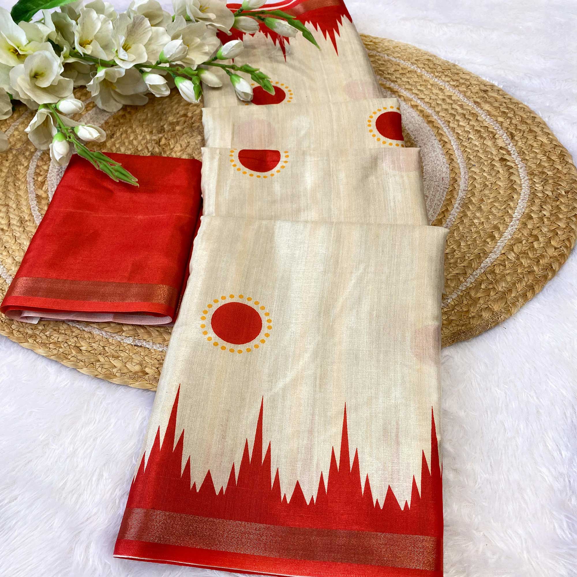 Radiant Offwhite & Red Durga Maa Digital Printed Saree With Sacred Motifs & Contrast Border
