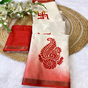 Stunning Offwhite & Red Durga Maa Digital Printed Saree With Sacred Motifs & Contrast Border