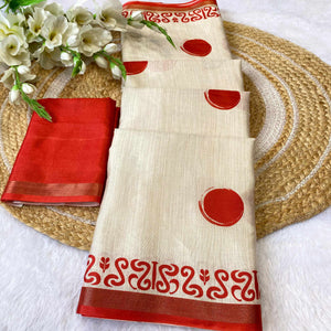 Classic Offwhite & Red Durga Maa Digital Printed Saree With Sacred Motifs & Contrast Border