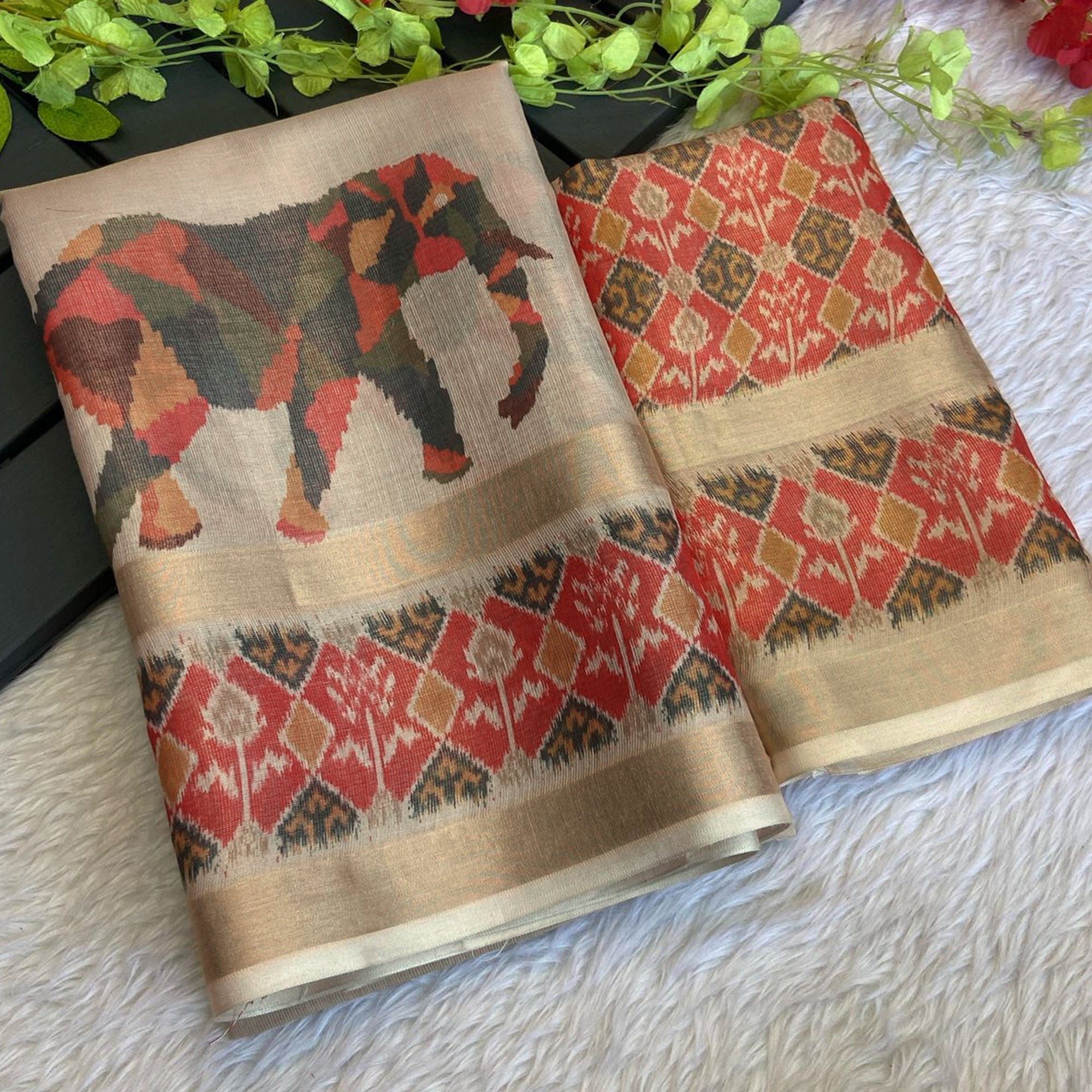 Beige Digital Print Saree in Premium Tissue Cotton Silk for Festive & Elegant Styling