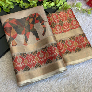 Beige Digital Print Saree in Premium Tissue Cotton Silk for Festive & Elegant Styling