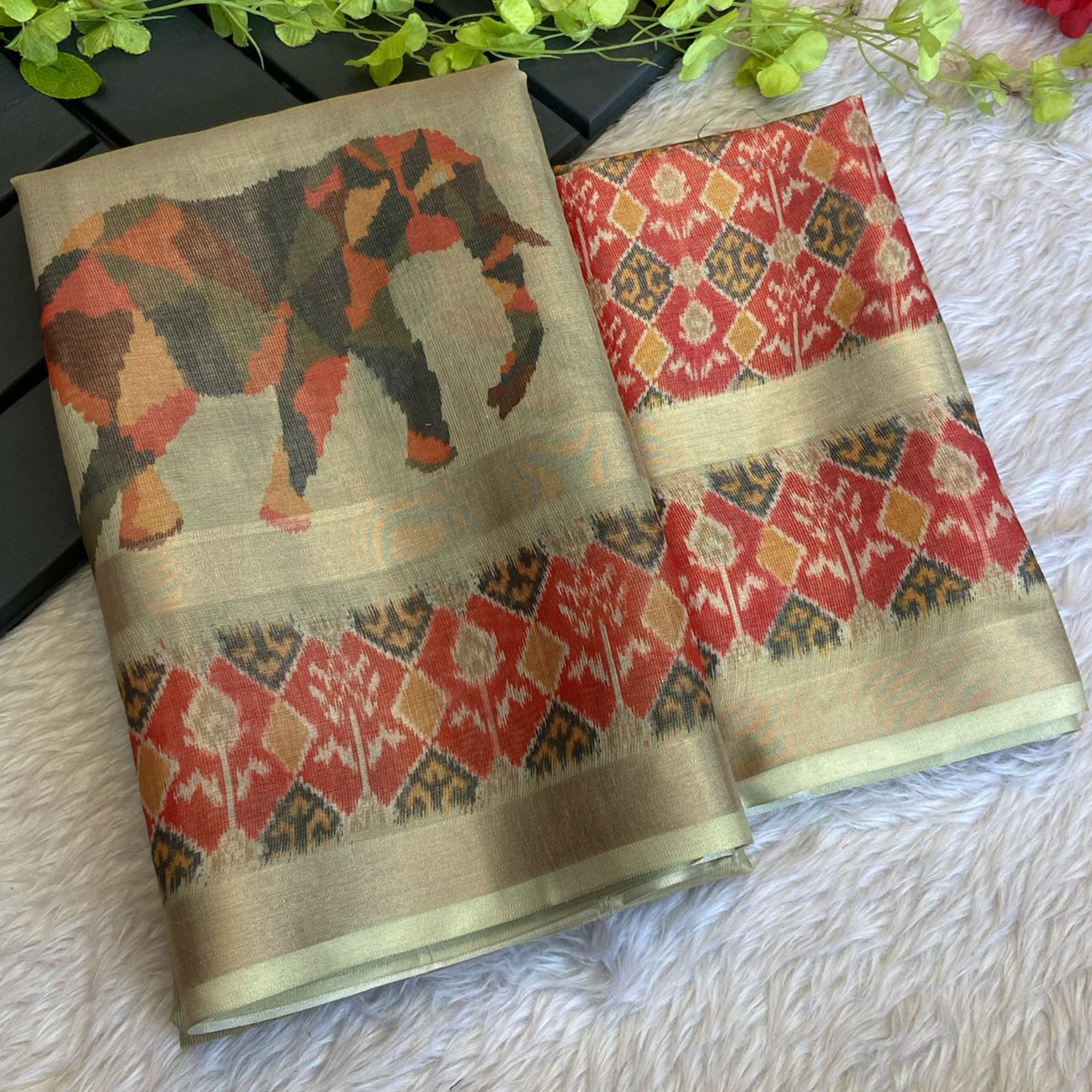 Green Digital Print Saree in Premium Tissue Cotton Silk for Festive & Elegant Styling