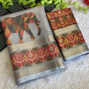 Grey Digital Print Saree in Premium Tissue Cotton Silk for Festive & Elegant Styling