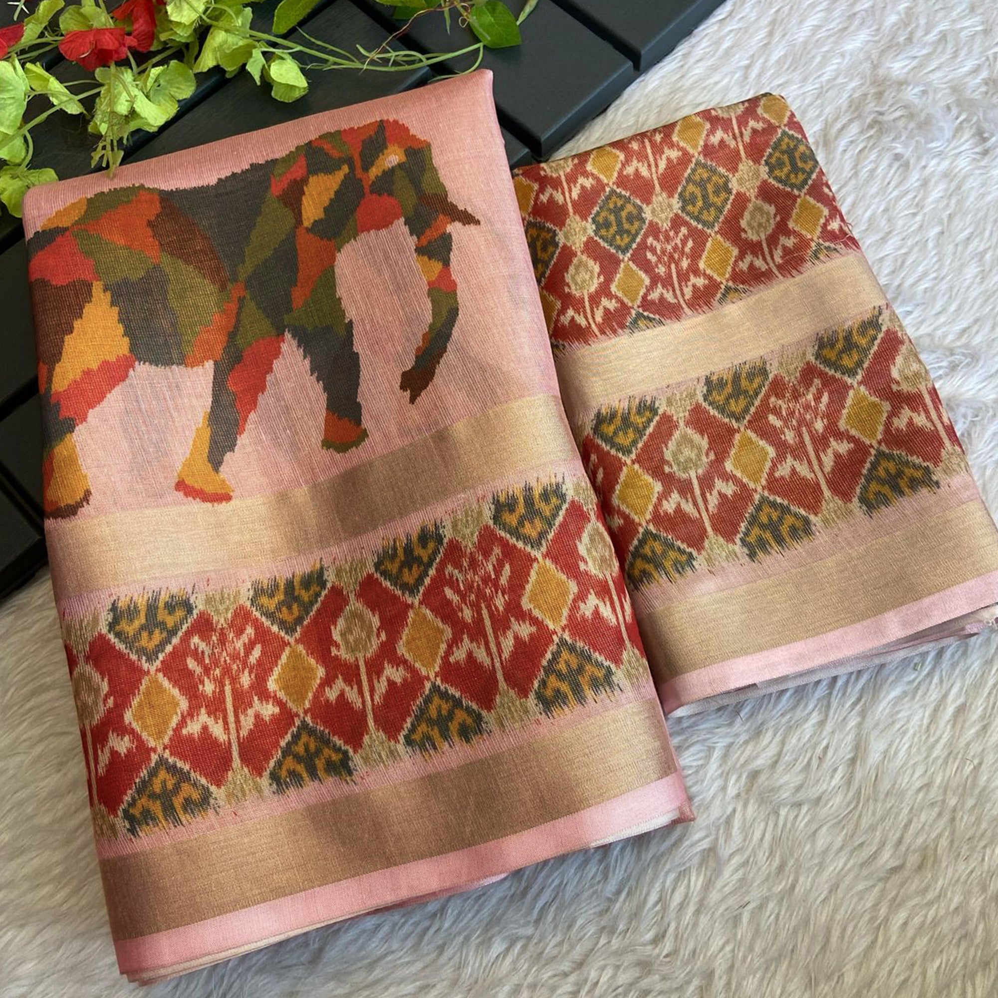 Pink Digital Print Saree in Premium Tissue Cotton Silk for Festive & Elegant Styling