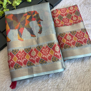 Sky Blue Digital Print Saree in Premium Tissue Cotton Silk for Festive & Elegant Styling