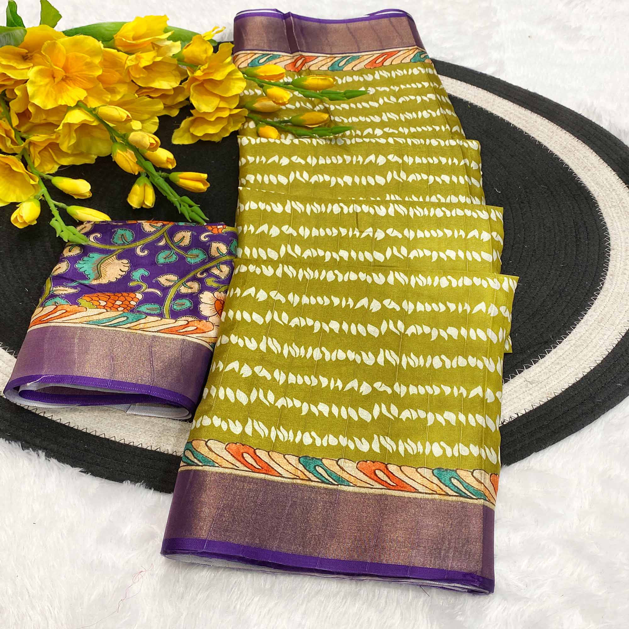 Mehendi Green Tusser Art Silk Saree Embellished With Peacock Print & Zari Border Work