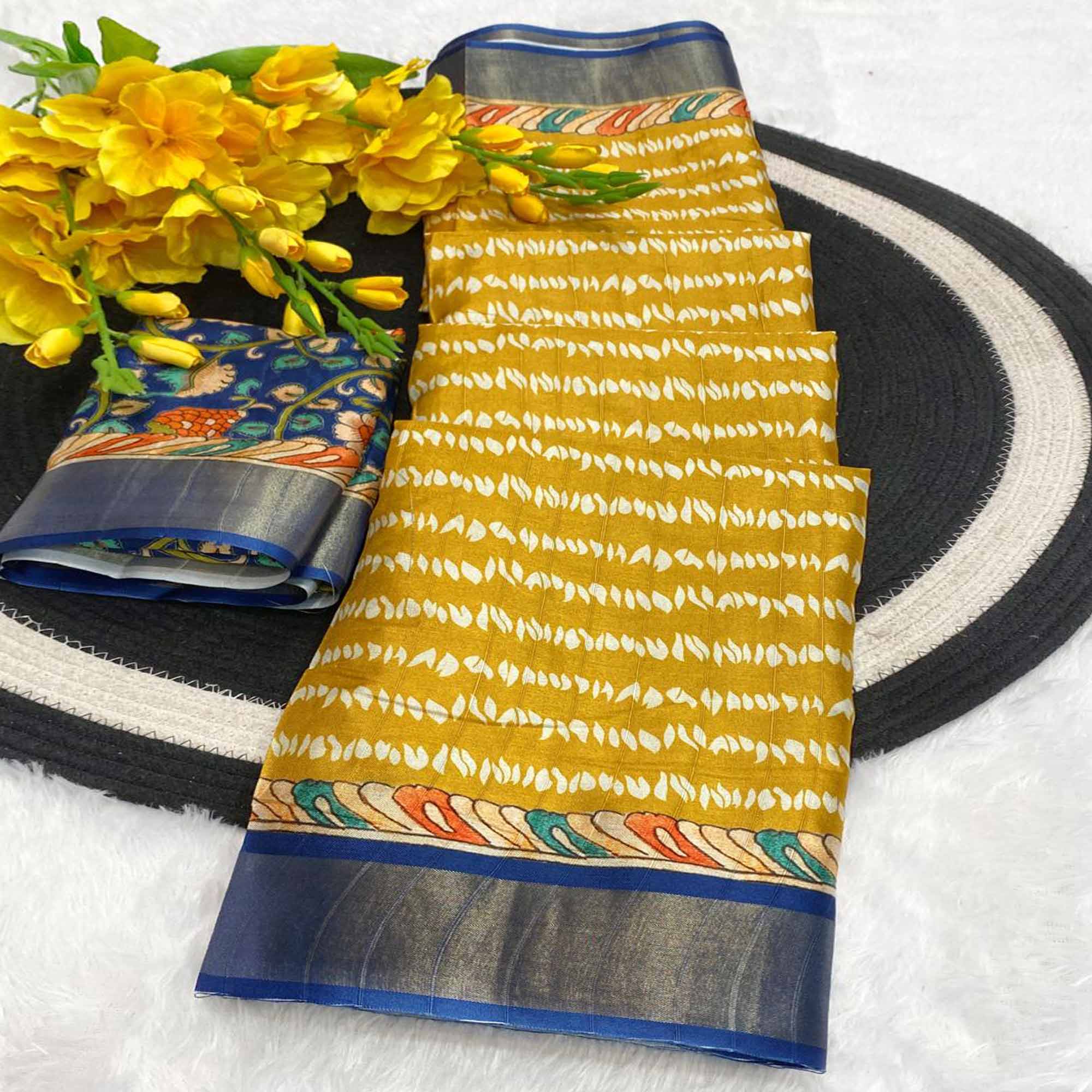 Mustard Tusser Art Silk Saree Embellished With Peacock Print & Zari Border Work
