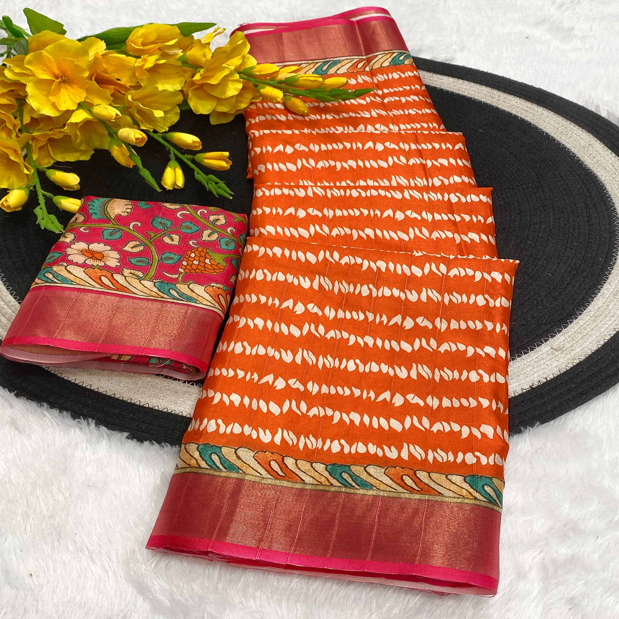 Orange Tusser Art Silk Saree Embellished With Peacock Print & Zari Border Work