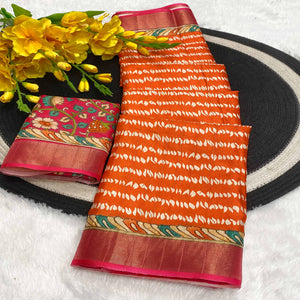 Orange Tusser Art Silk Saree Embellished With Peacock Print & Zari Border Work