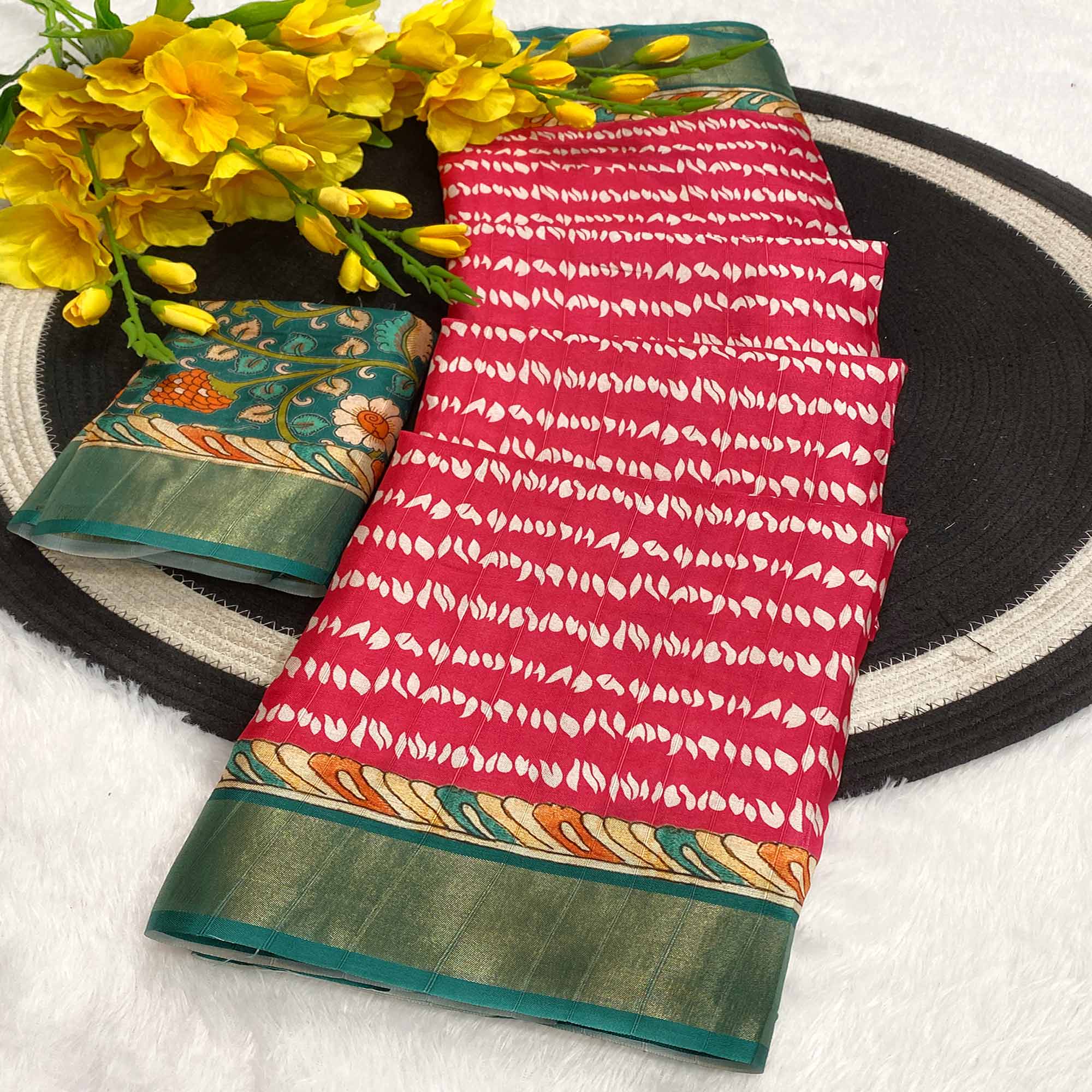 Pink Tusser Art Silk Saree Embellished With Peacock Print & Zari Border Work