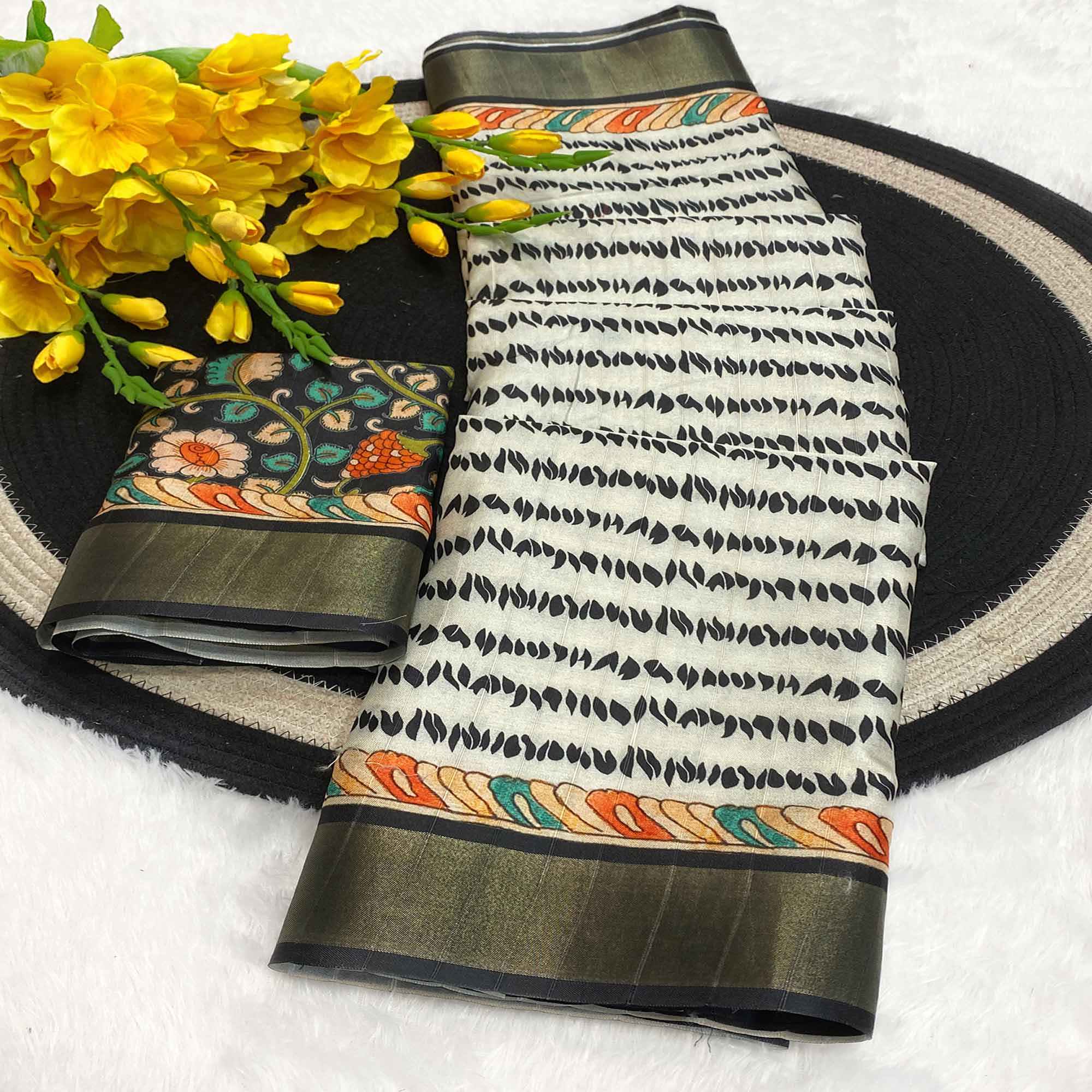 White Tusser Art Silk Saree Embellished With Peacock Print & Zari Border Work