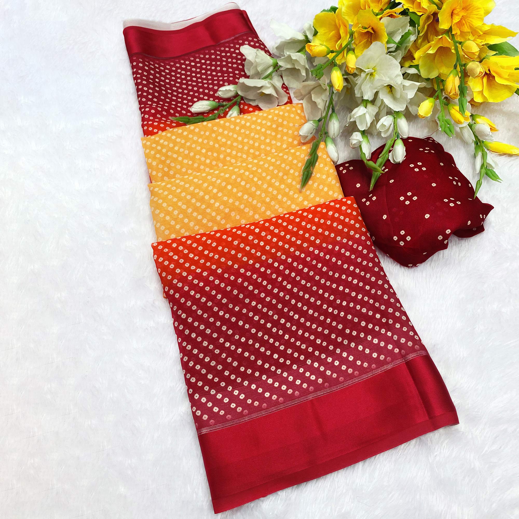 Designer Bandhani Saree in Yellow & Red Crafted from Soft Moss Georgette