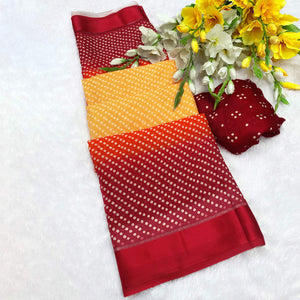 Designer Bandhani Saree in Yellow & Red Crafted from Soft Moss Georgette