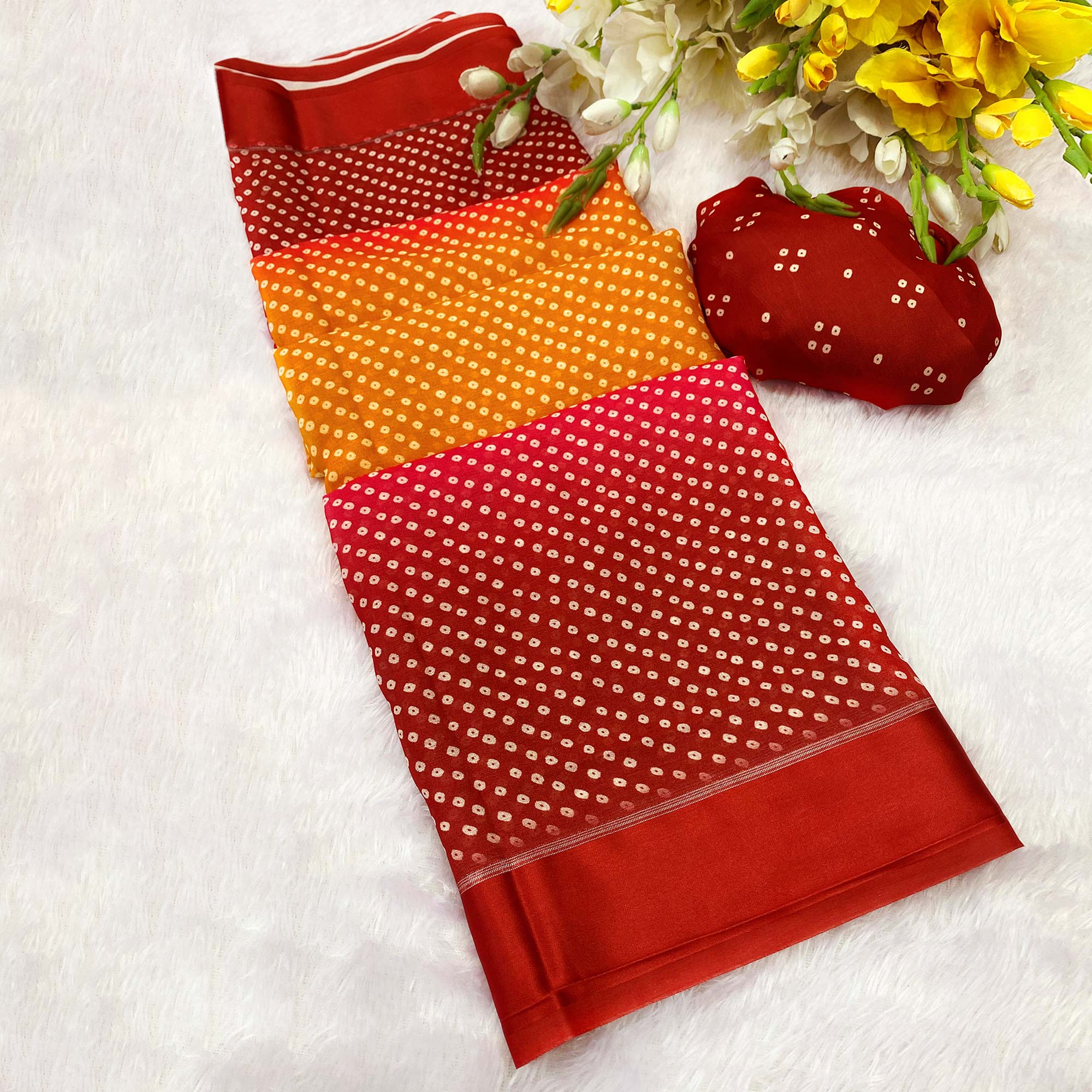 Designer Bandhani Saree in Mustard & Red Crafted from Soft Moss Georgette