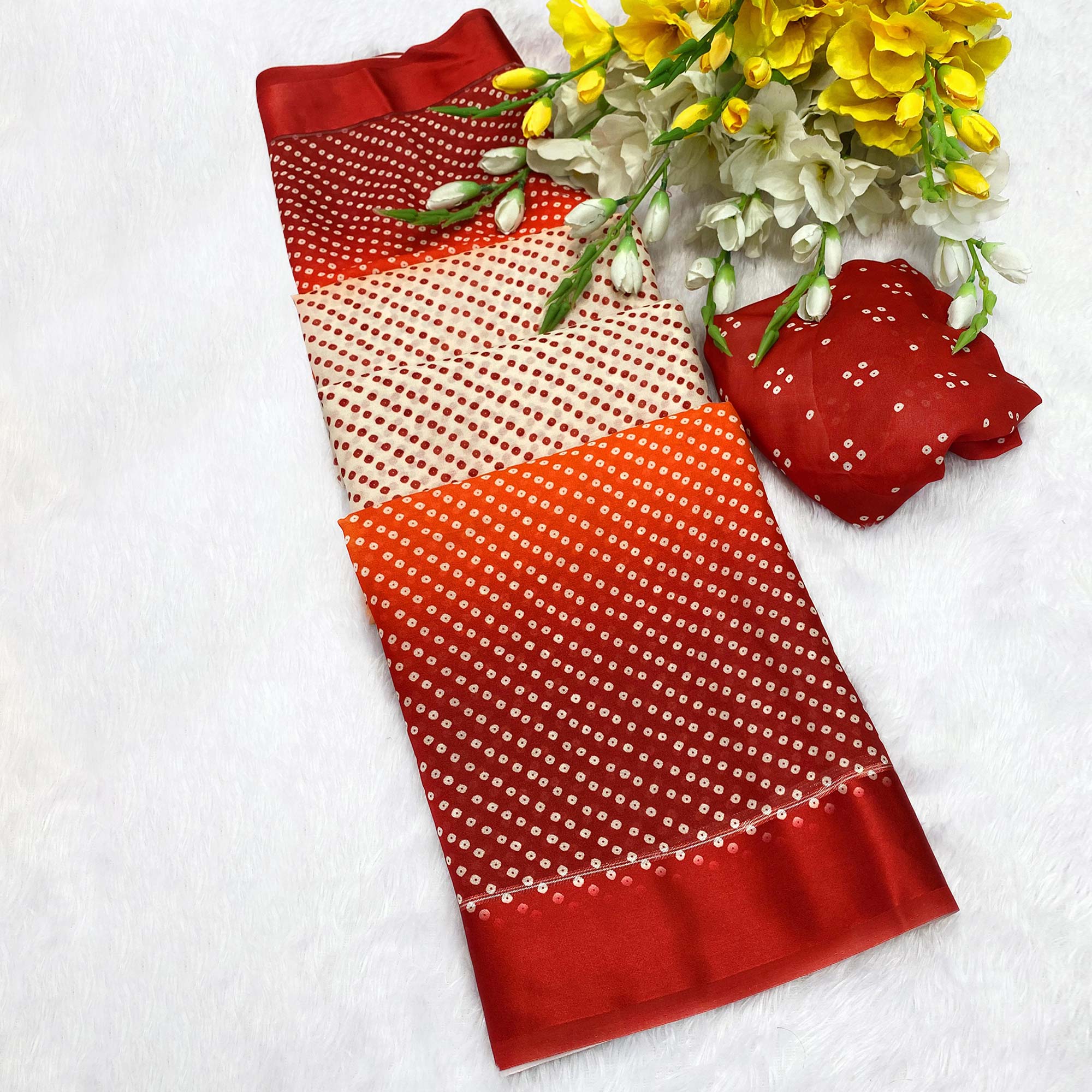 Designer Bandhani Saree in Off White & Red Crafted from Soft Moss Georgette