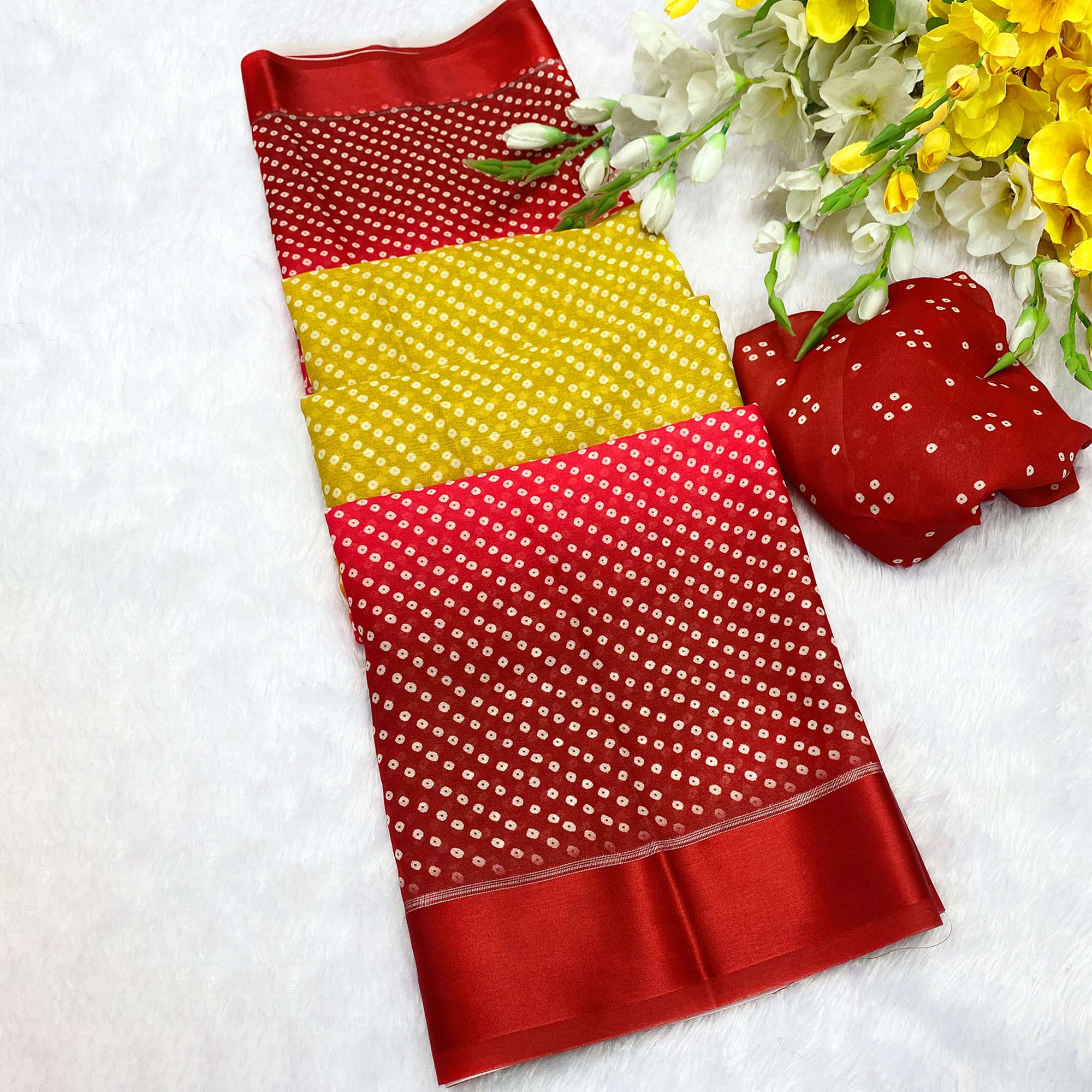 Traditional Bandhani Moss Georgette Saree in Dual Tone Yellow & Red