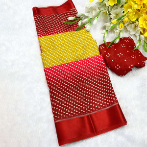 Traditional Bandhani Moss Georgette Saree in Dual Tone Yellow & Red