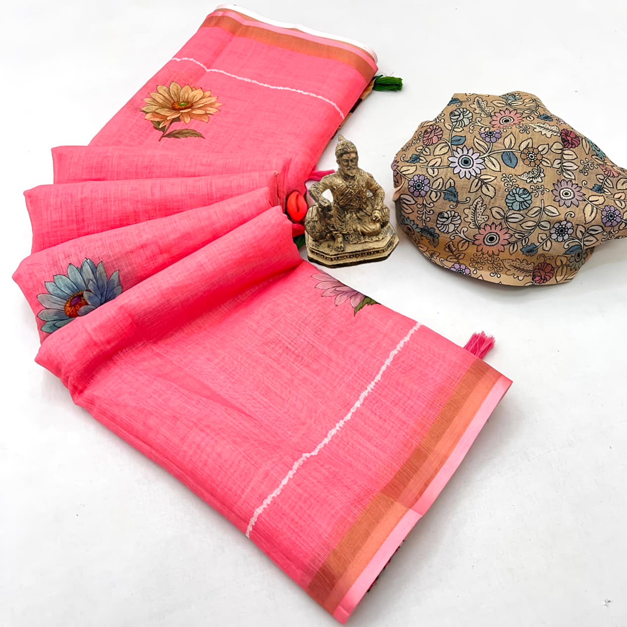 Elegant Pink Floral Digital Printed Linen Cotton Saree With Woven Border & Tassel Pallu