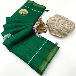 Elegant Green Floral Digital Printed Linen Cotton Saree With Woven Border & Tassel Pallu