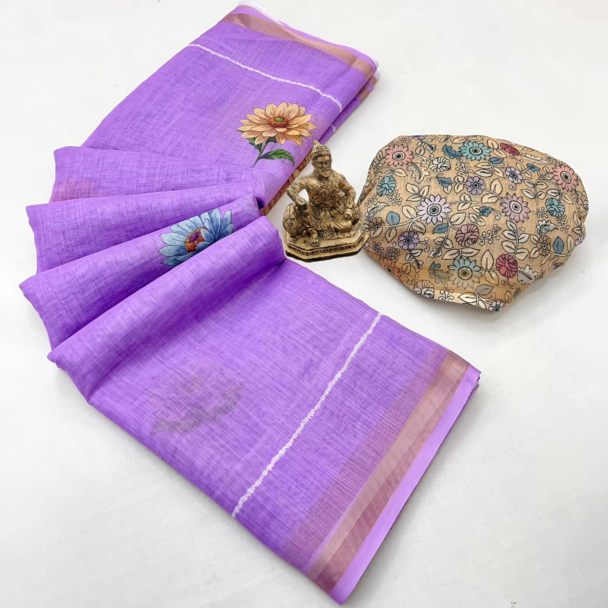 Elegant Lavender Floral Digital Printed Linen Cotton Saree With Woven Border & Tassel Pallu