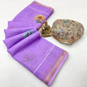 Elegant Lavender Floral Digital Printed Linen Cotton Saree With Woven Border & Tassel Pallu