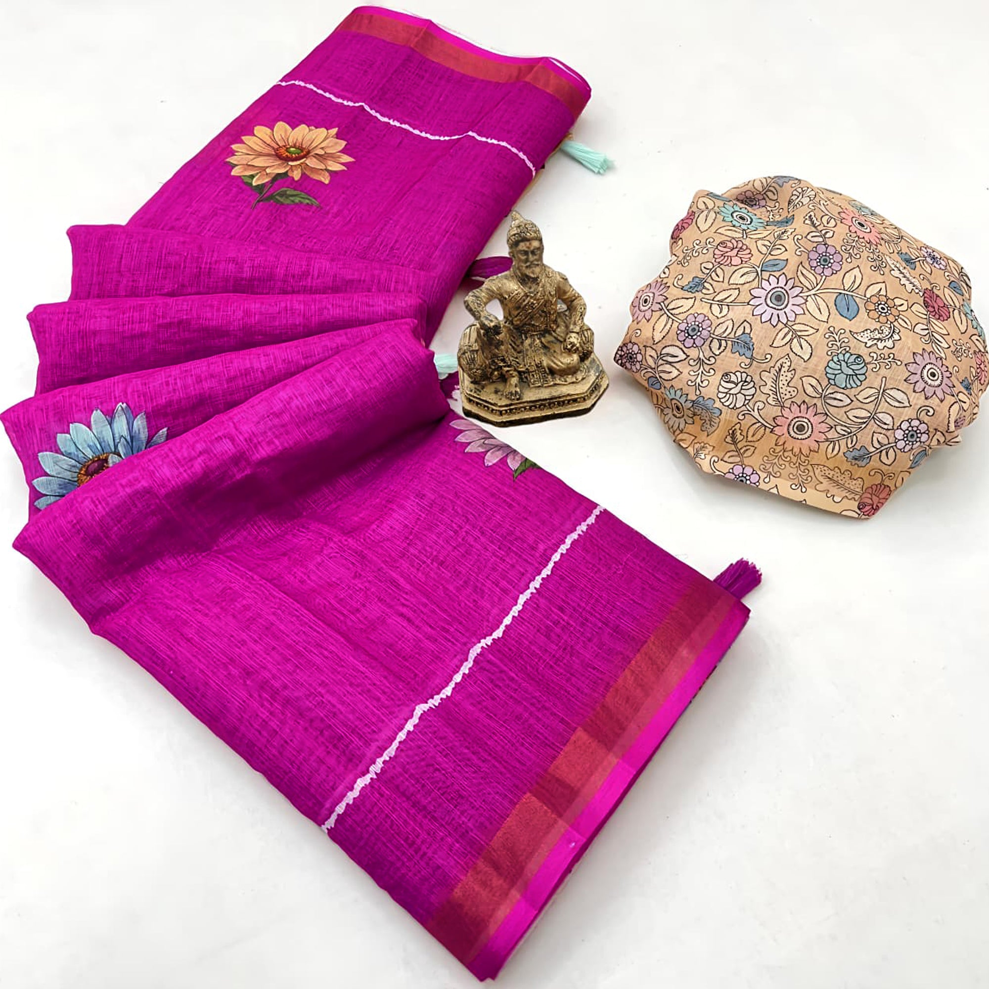 Elegant Rani Pink Floral Digital Printed Linen Cotton Saree With Woven Border & Tassel Pallu