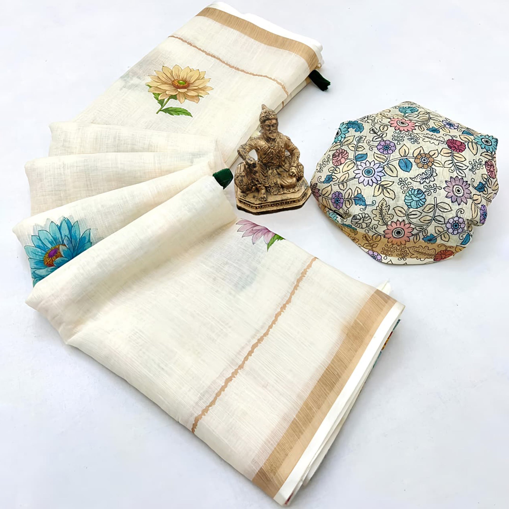 Elegant Cream Floral Digital Printed Linen Cotton Saree With Woven Border & Tassel Pallu