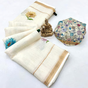 Elegant Cream Floral Digital Printed Linen Cotton Saree With Woven Border & Tassel Pallu