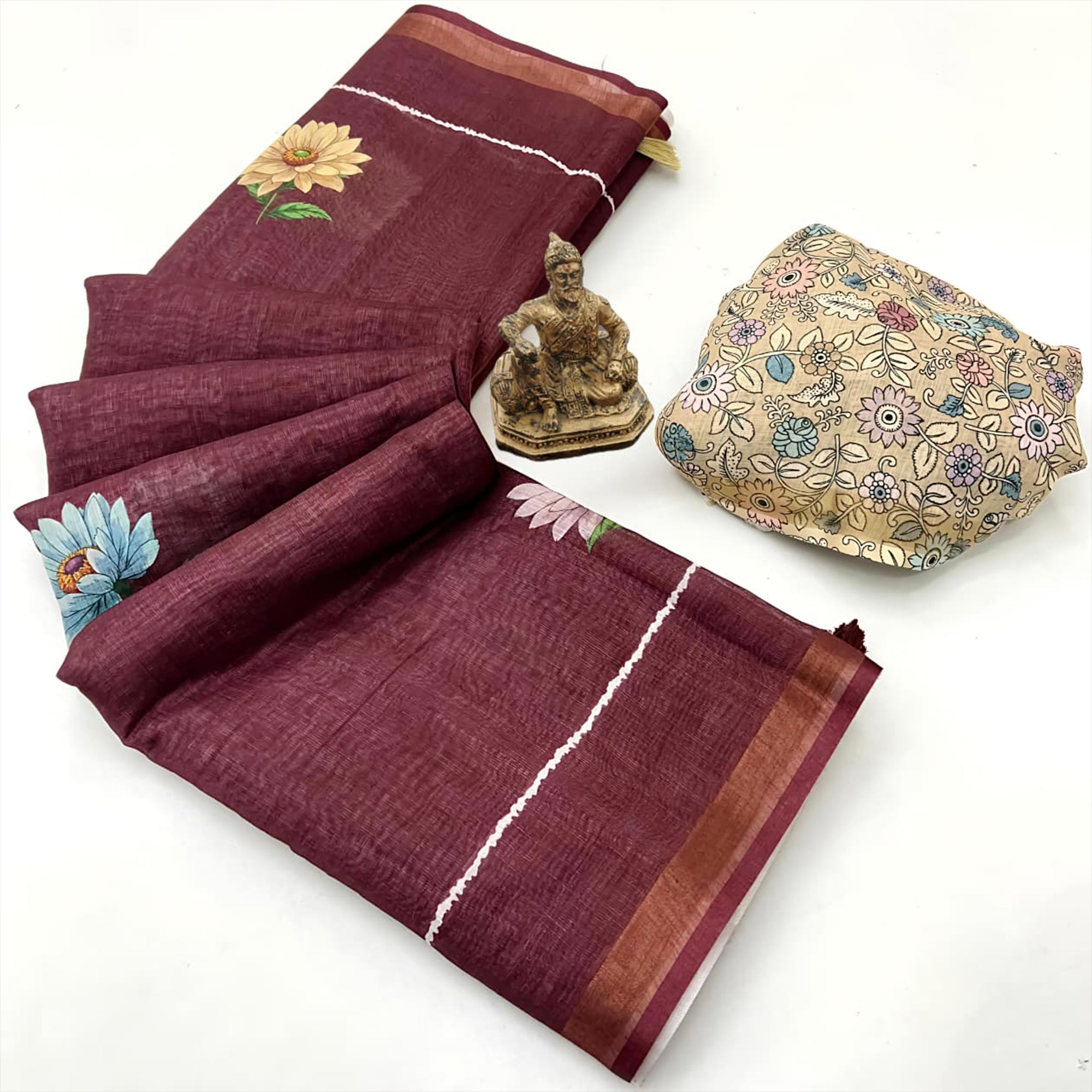 Elegant Brown Floral Digital Printed Linen Cotton Saree With Woven Border & Tassel Pallu