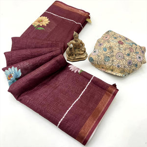 Elegant Brown Floral Digital Printed Linen Cotton Saree With Woven Border & Tassel Pallu
