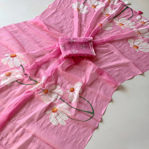 Graceful Baby Pink Linen Cotton Saree with Stylish Floral Prints for Effortless Elegance