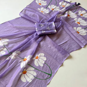 Graceful Lavender Linen Cotton Saree with Stylish Floral Prints for Effortless Elegance