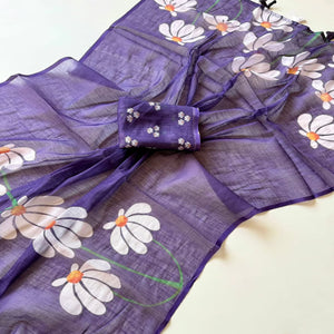 Graceful Purple Linen Cotton Saree with Stylish Floral Prints for Effortless Elegance