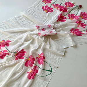 Graceful White Linen Cotton Saree with Stylish Floral Prints for Effortless Elegance